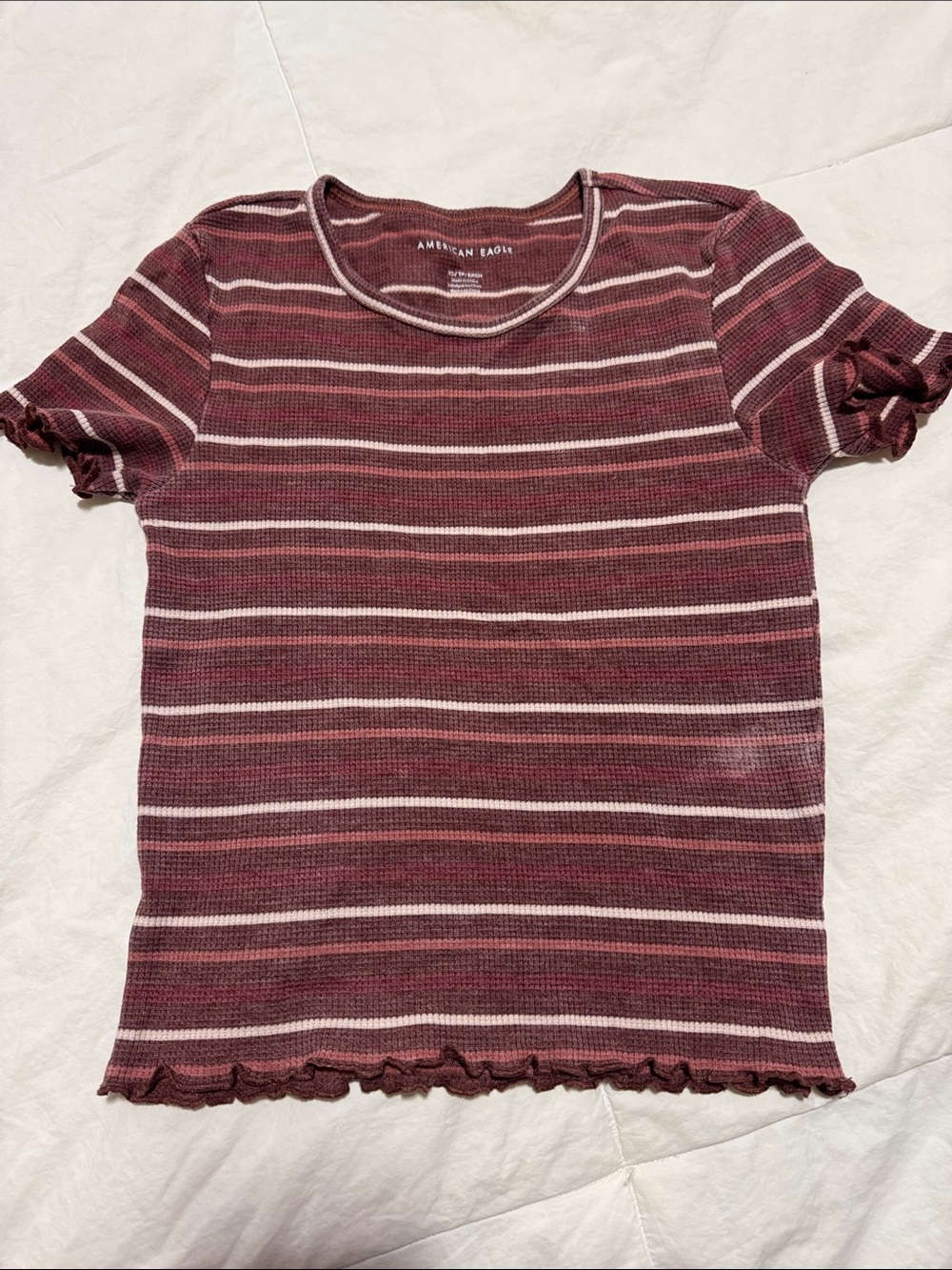 American Eagle Outfitters Maroon and White Striped Short Sleeve Tee